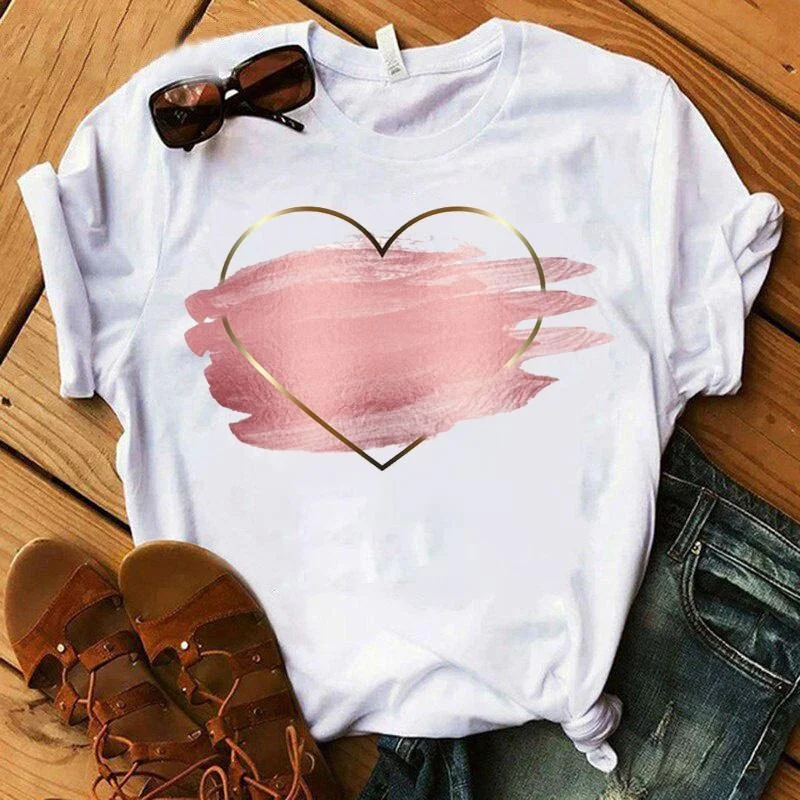 Cute Heartbeat Love T-shirts For Women Summer Tee Shirt Femme Casual Short Sleeve Round Neck Tops T-shirts