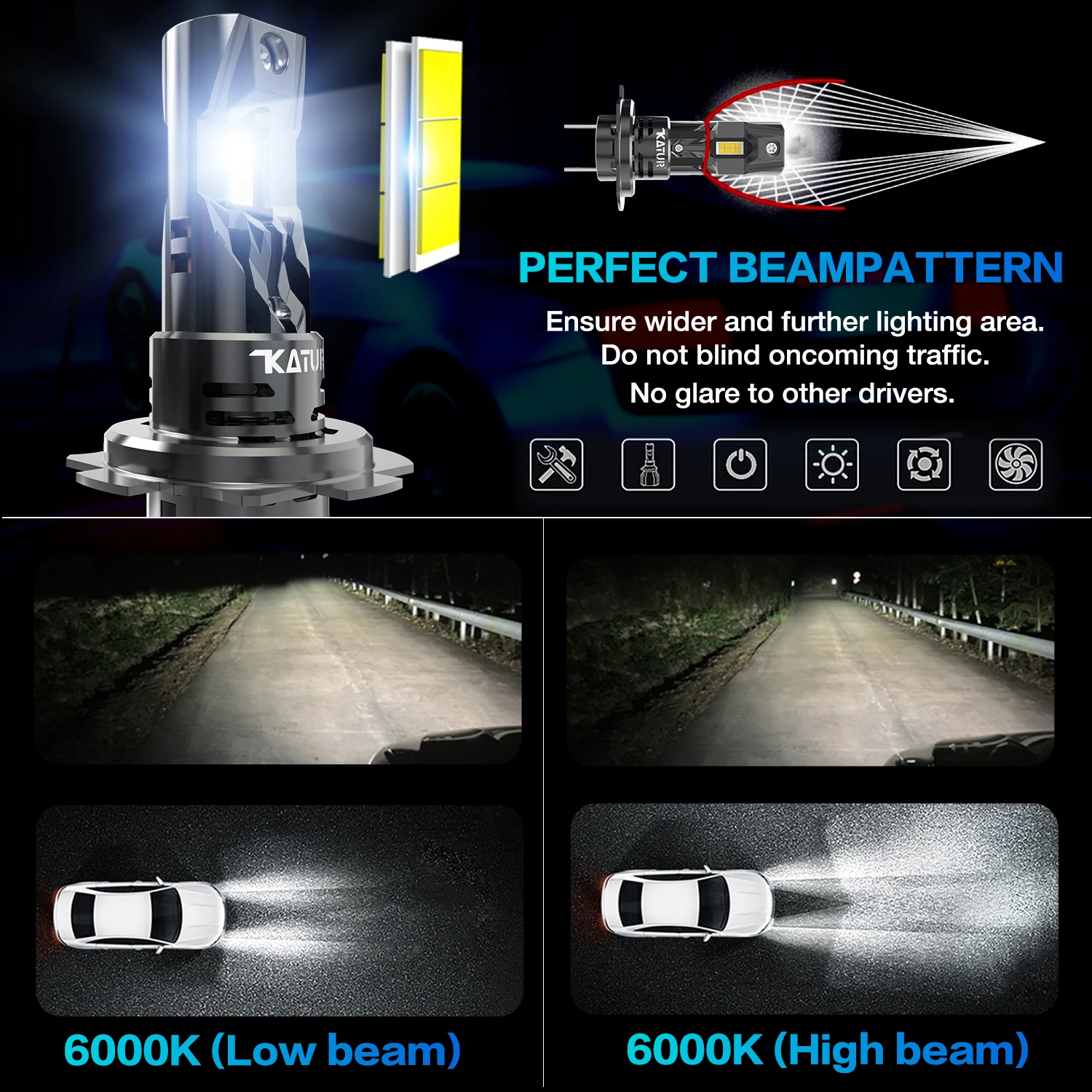 Katur 2pcs High Power H7 LED Headlight Bulbs Super Bright Powerful No Adapter Required Car Turbo Diode White Moto Fog Lamp