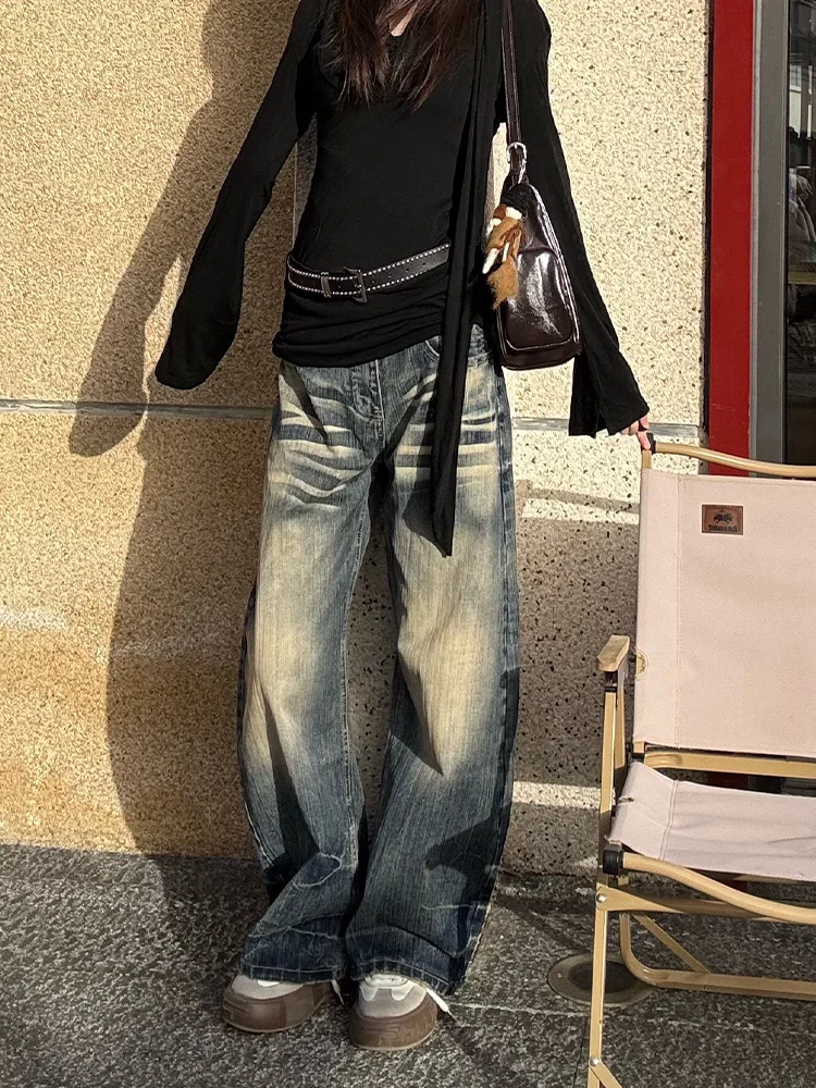 

Джинсы женские с высокой талией, прямые, винтажные, из выстиранного денима, свободного кроя, широкие штанины, длинные, повседневные, износостойкие, средней мягкости