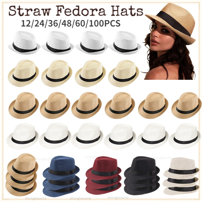 

12-100PCS Straw Fedora Hat for Women Men Wedding Party Derby Hat Short Brim Panama Hat Party Favors for Guests Souvenirs Beach