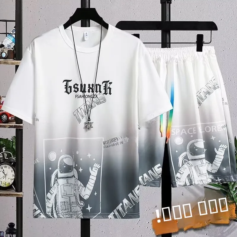 

Мужской повседневный комплект из двух предметов: футболка и брюки из ледяного шелка, быстросохнущая спортивная одежда, модный летний молодежный стиль