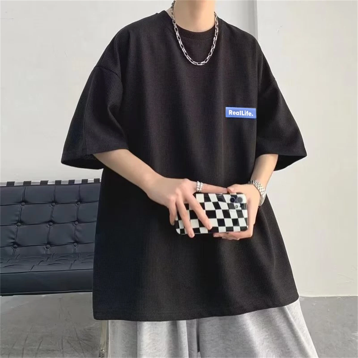 Fashion Solid Polyester T-shirts For Men Basic Tee Casual T shirt Oversized Tops Waffle Unisex Short Tshirts Tees Men Clothing