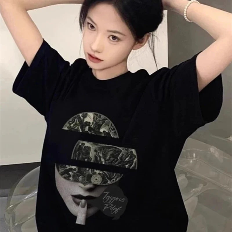 Cotton T Shirt Women Oversized Streetwear, Hip Hop Vintage Graphic Tee Face, Print Black Summer Casual Loose Top, 2025 New Fashi
