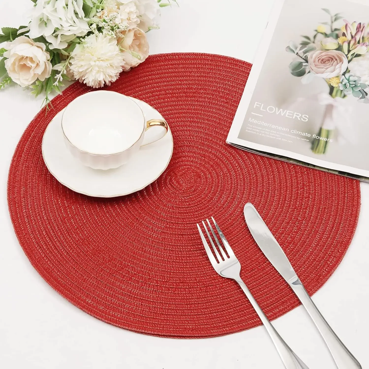 Round Braided Placemats Washable Cotton Polyester Round Placemats Kitchen Dining Table 15 inch Round Table Mats