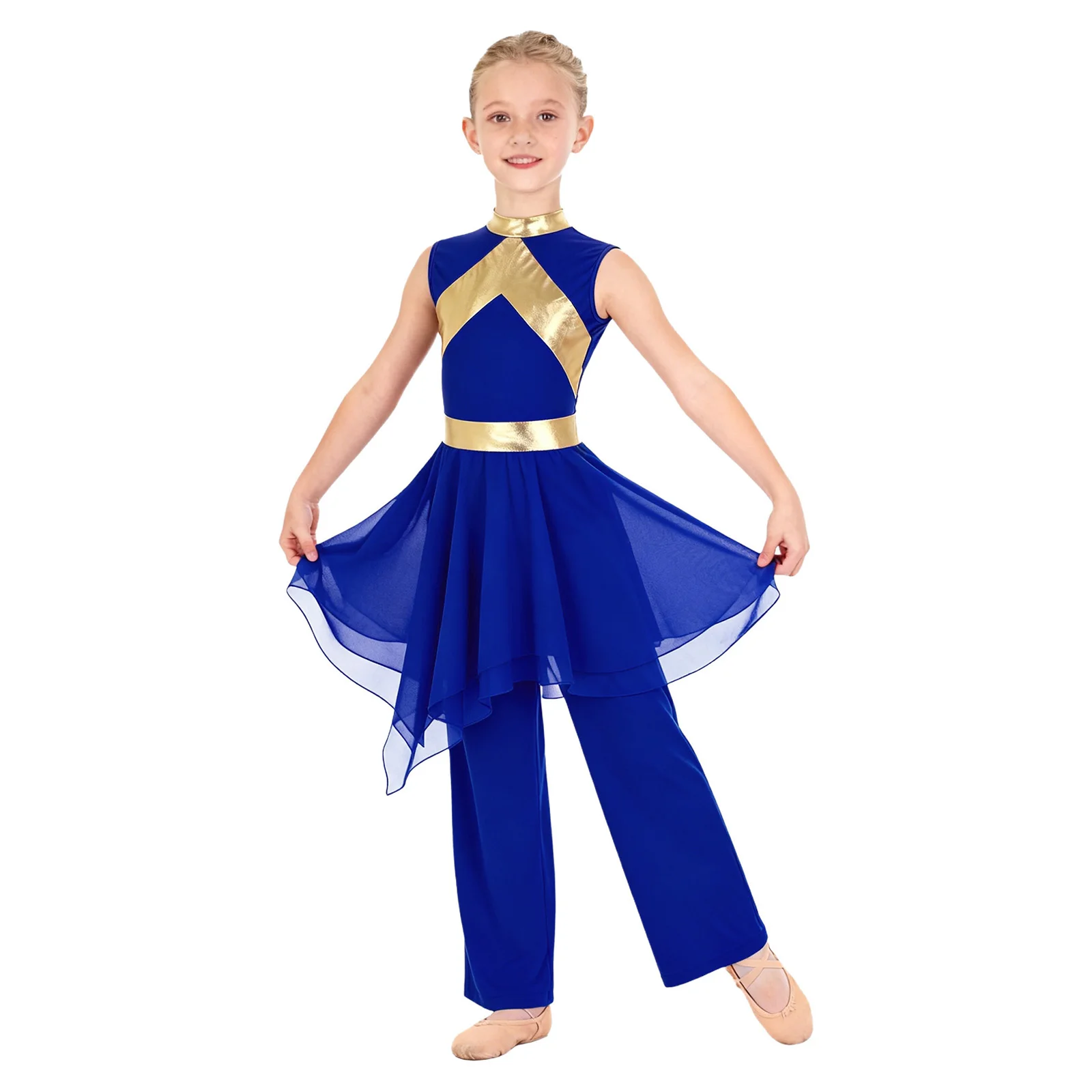 

2Pcs/Set Kids Girls Liturgical Praise Dance Outfit Metallic Contrast Color Sleeveless Asymmetrical Chiffon Dress+Wide-Leg Pants