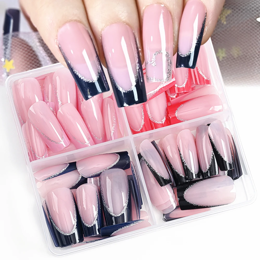 96 teile/satz Glitter Streifen Französisch Gefälschte Nägel Rosa Rot Blau Schwarz Lange Sarg Drücken Auf Nägel 3D Romantische Glänzende Ballett Falsche nägel *