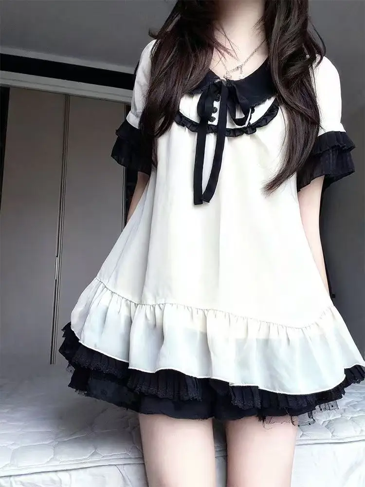 Women Fairy Grunge Spliced Blouse Japanese Harajuku Y2K Sweet Fluffy Ruffle Fashion Tops Korean Holiday Casual Outfits