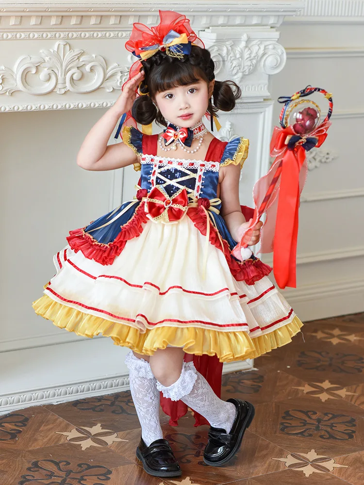 Gaun Putri Salju Kostum Putri Berbulu Lolita Anak Perempuan Pakaian Renda Mewah Halloween Pakaian Penyamaran Fantasi Karnaval Anak-anak