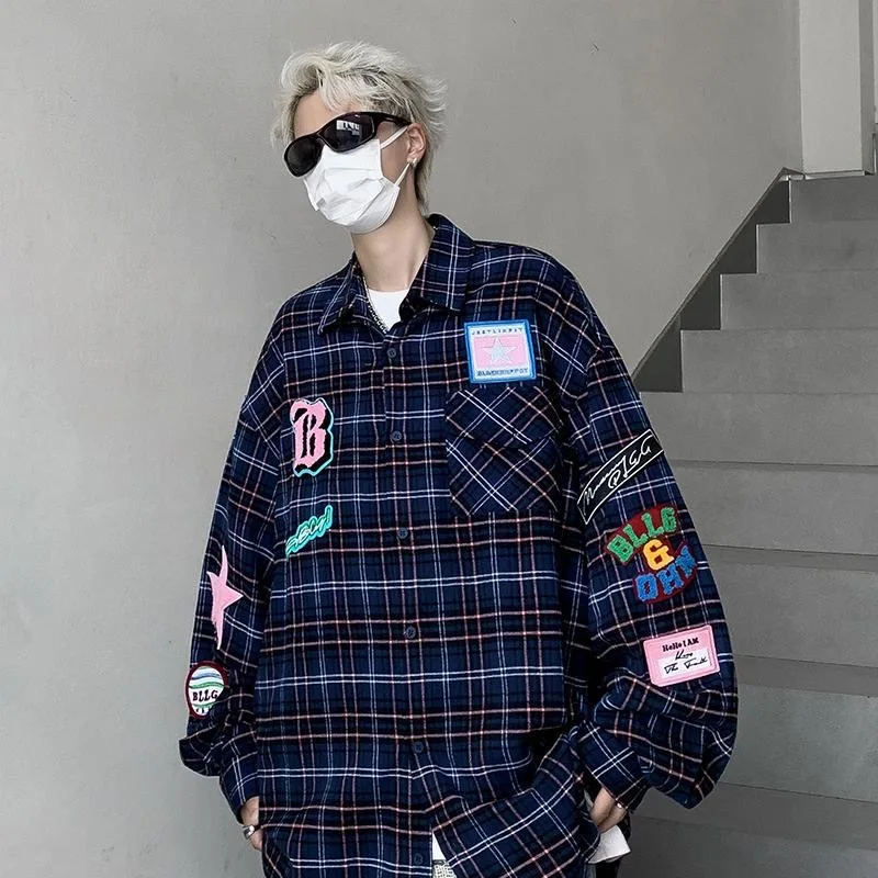 Male Japanese Style Trendy Plaid Shirts Tops Men Embroidery Festival Party Nightclub CP Lover Handsome Gothic Coat Jacket Blouse