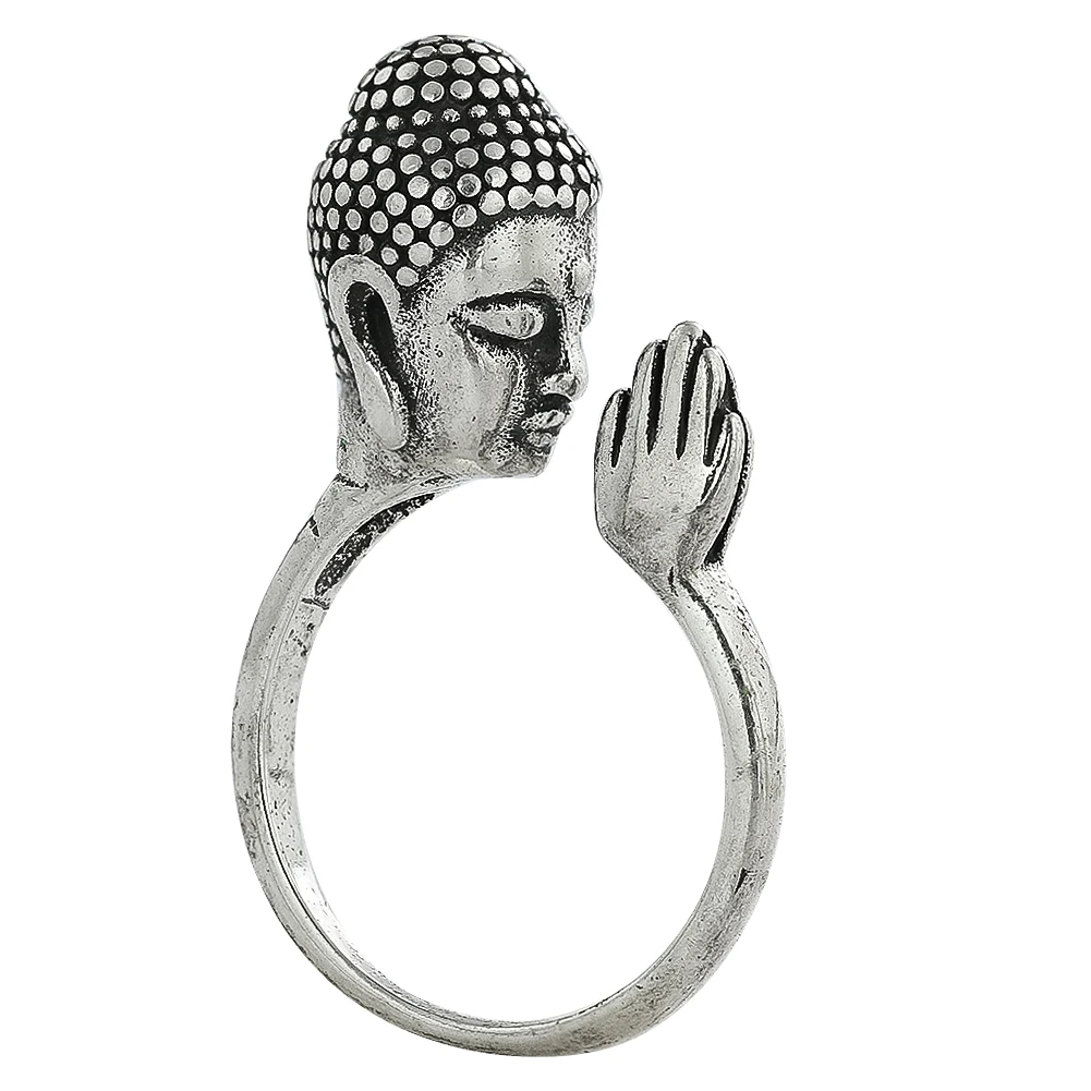 Sakyamuni Buddha Heads Clasp Hands Open Ring Buddhist Lucky Amulet Adjustable Finger Ring Cupronickel Jewelry Gift for Women Men