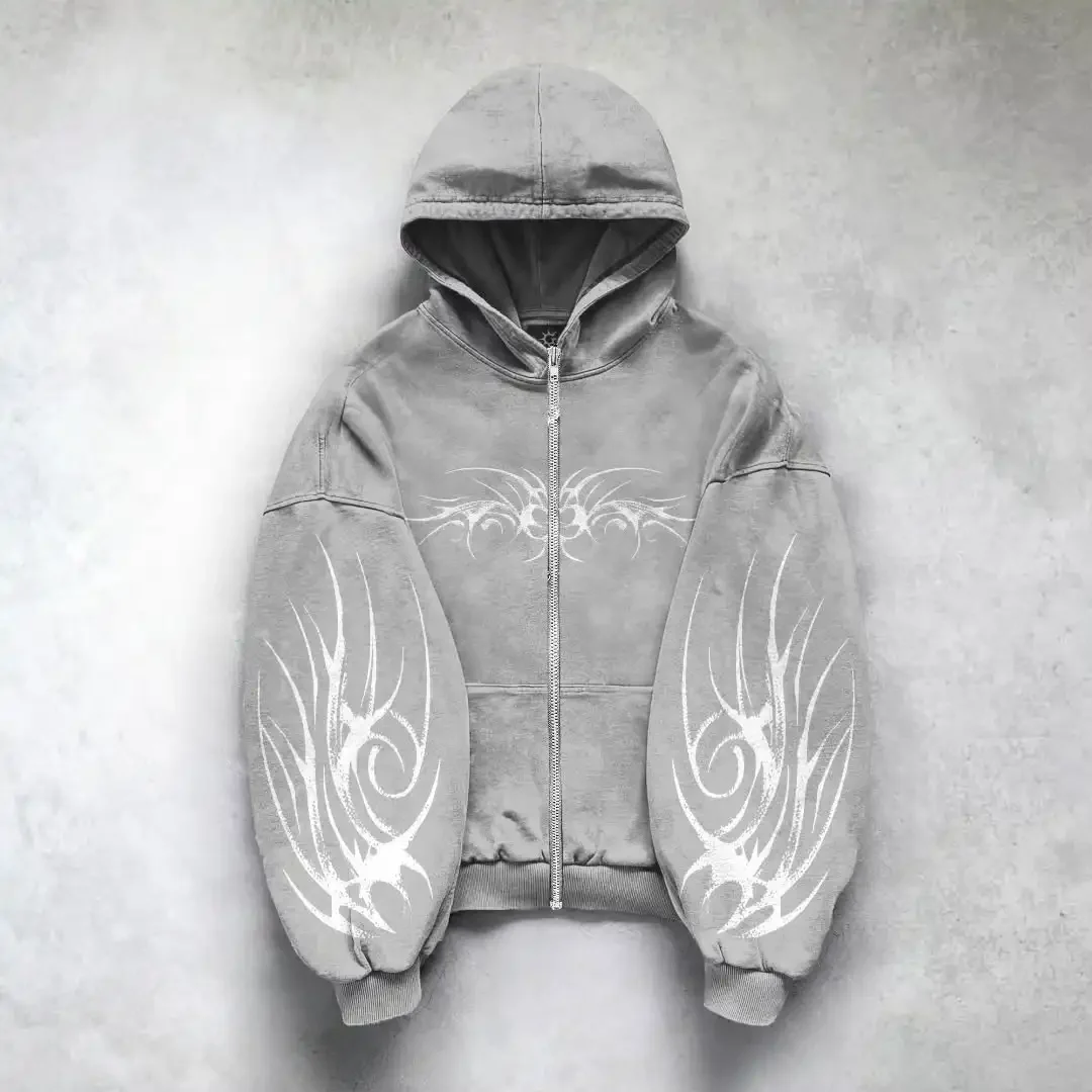 Hip-Hop-Herren-Reißverschluss-Hoodie Schwarz Grau 3D-Dunkelprint-Muster Y2k Gothic Harajuku Herbst Lockerer Modischer Persönlicher Street-Hoodie – Detail 3