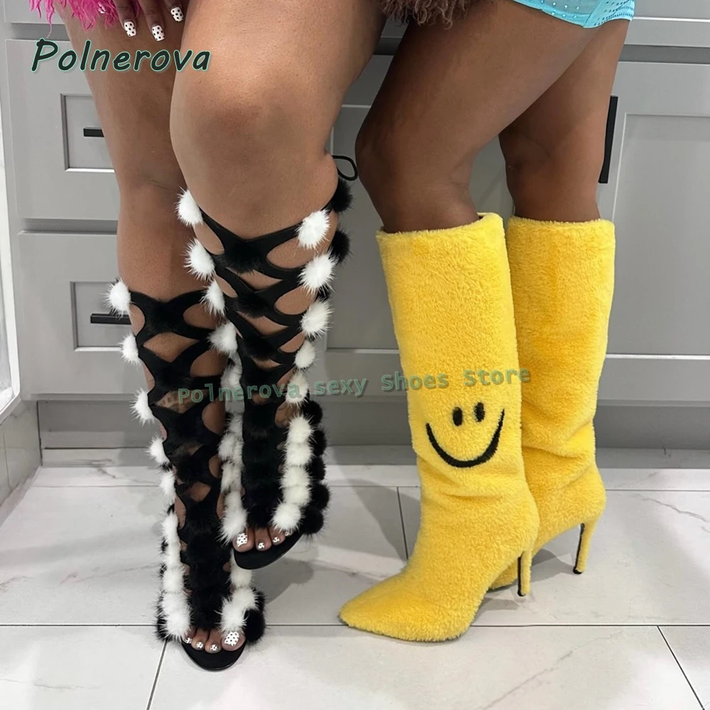 

Black and White Fur Pom-Pom Sexy Gladiator Open Toe Stiletto Cut Out Mixed Colors Cross Tied Spicy Girl Knee High Boots Summer