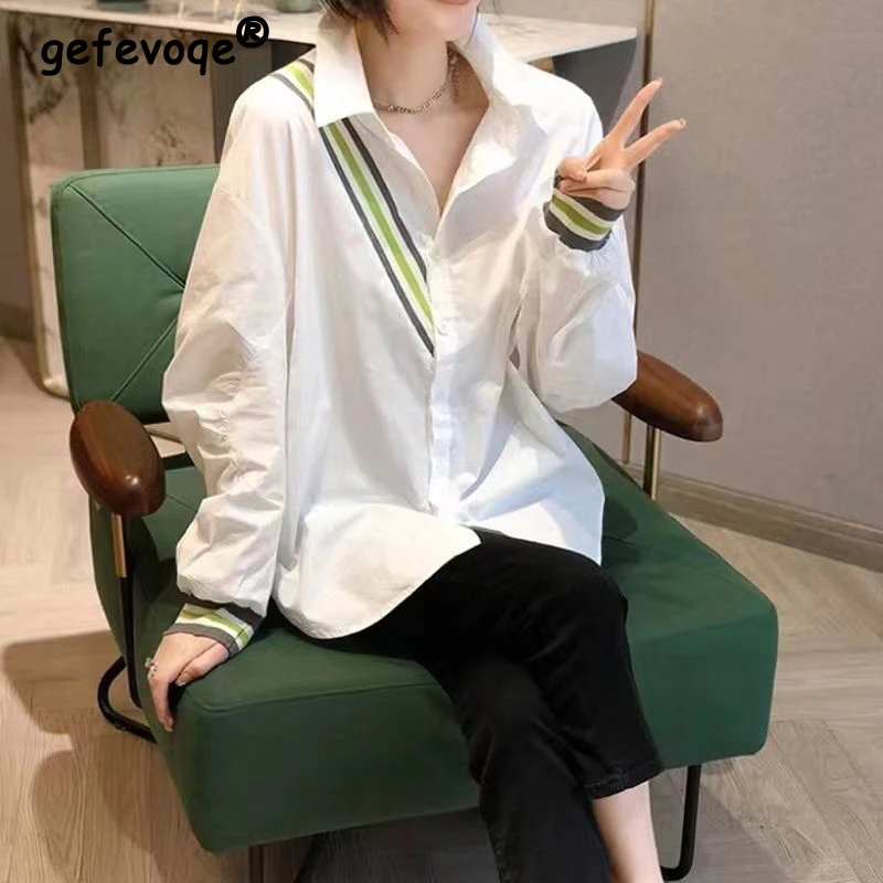 Korean Simple Striped Print Oversized Streetwear Irregular Tunic Tops Blouses for Women Casual Long Sleeve Button Shirts Clothes