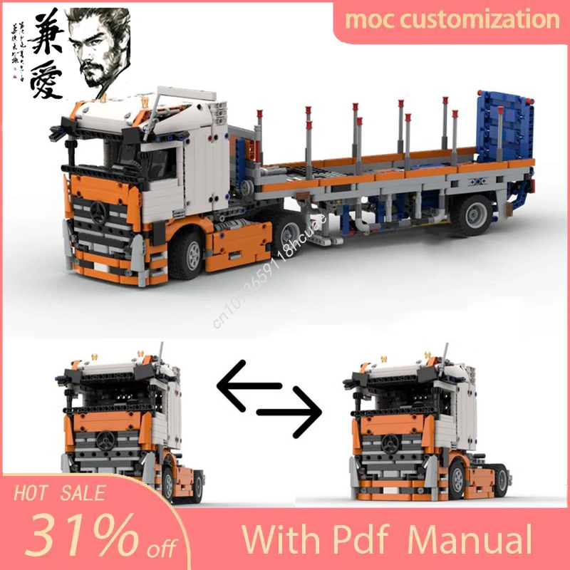 

1811PCS Moc Technical Mercedess Actros Manual Version with Tail-Lift Trailer Model Building Blocks Truck Bricks Toys Adult Gifts
