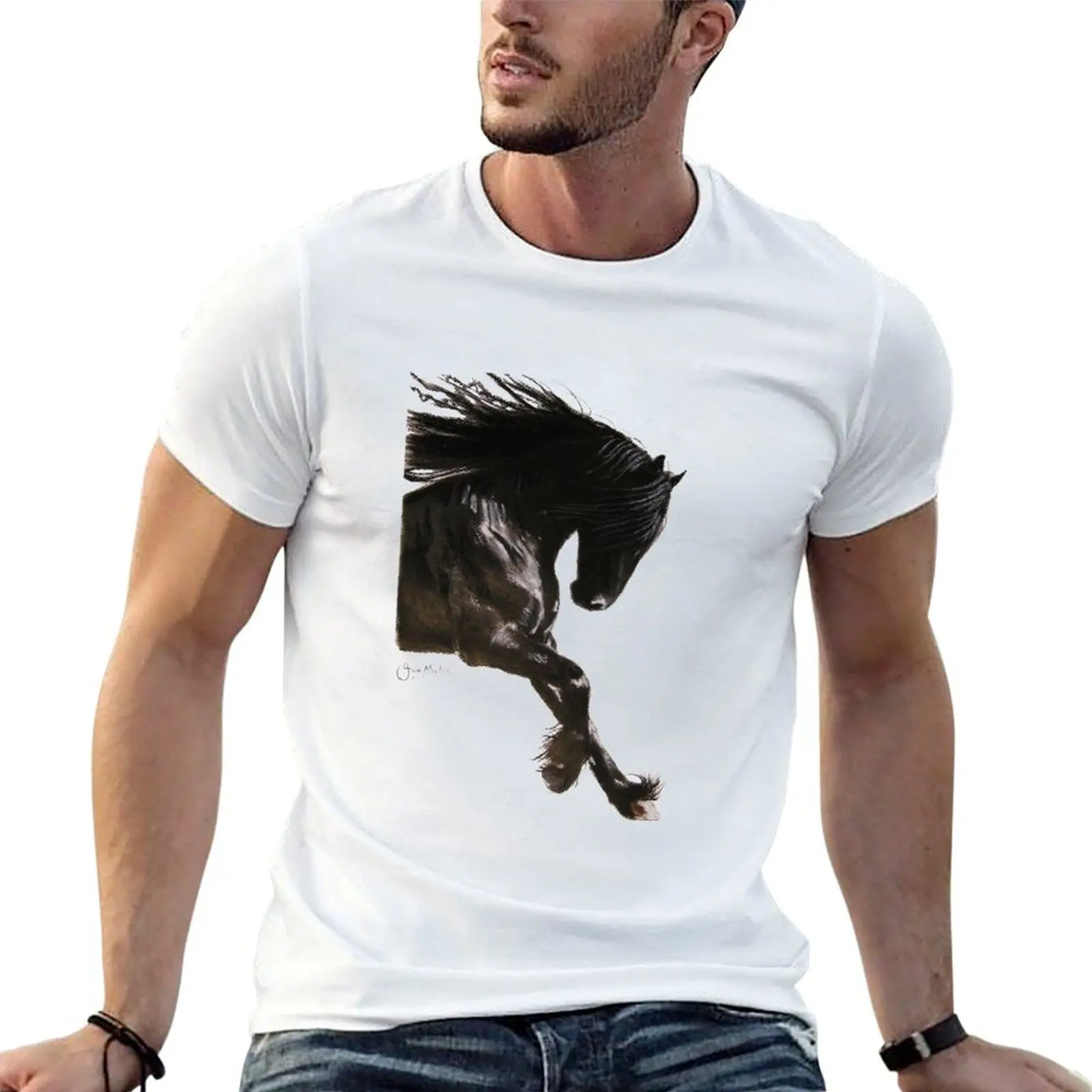 Camiseta de caballo PRiNT BLaCK FRieSiaN 'COOL DANCER' de Shirley MacArthur, camisetas de anime, camisetas de gran tamaño para hombre