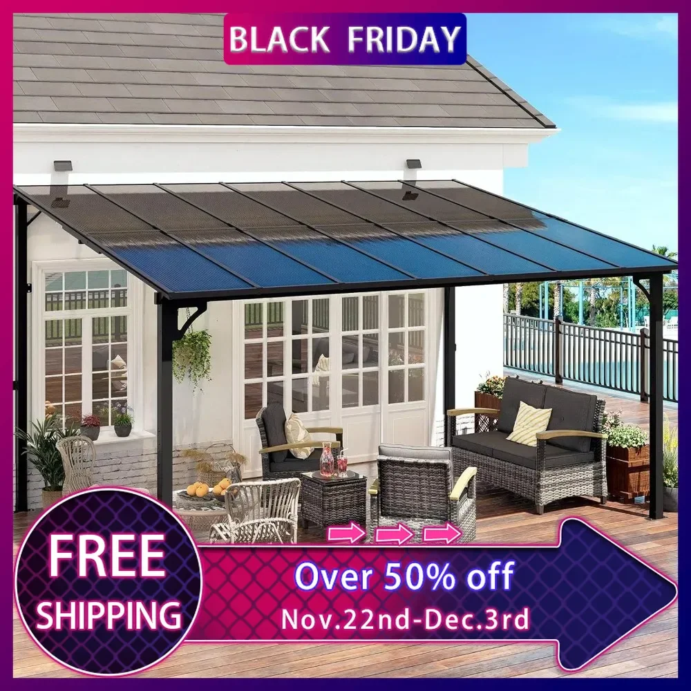 10' x 14' Gazebo, Wall Mounted Gazebos, Lean to Metal Awnings Gazebos, , Outdoor Patio Gazebo Awning for Backyard, Deck, Black