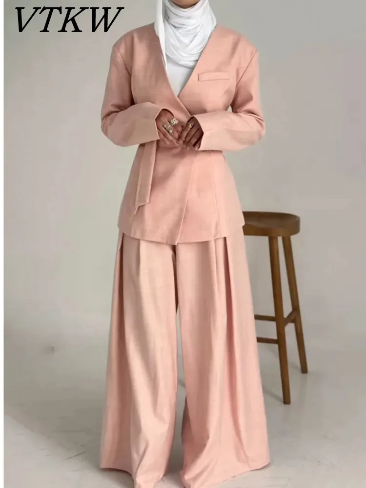 

VTKW V-neck Solid Color Lace Up Waist Collection 2025 Spring New Women's Blazer High-quality Loose Pants Two-piece Set