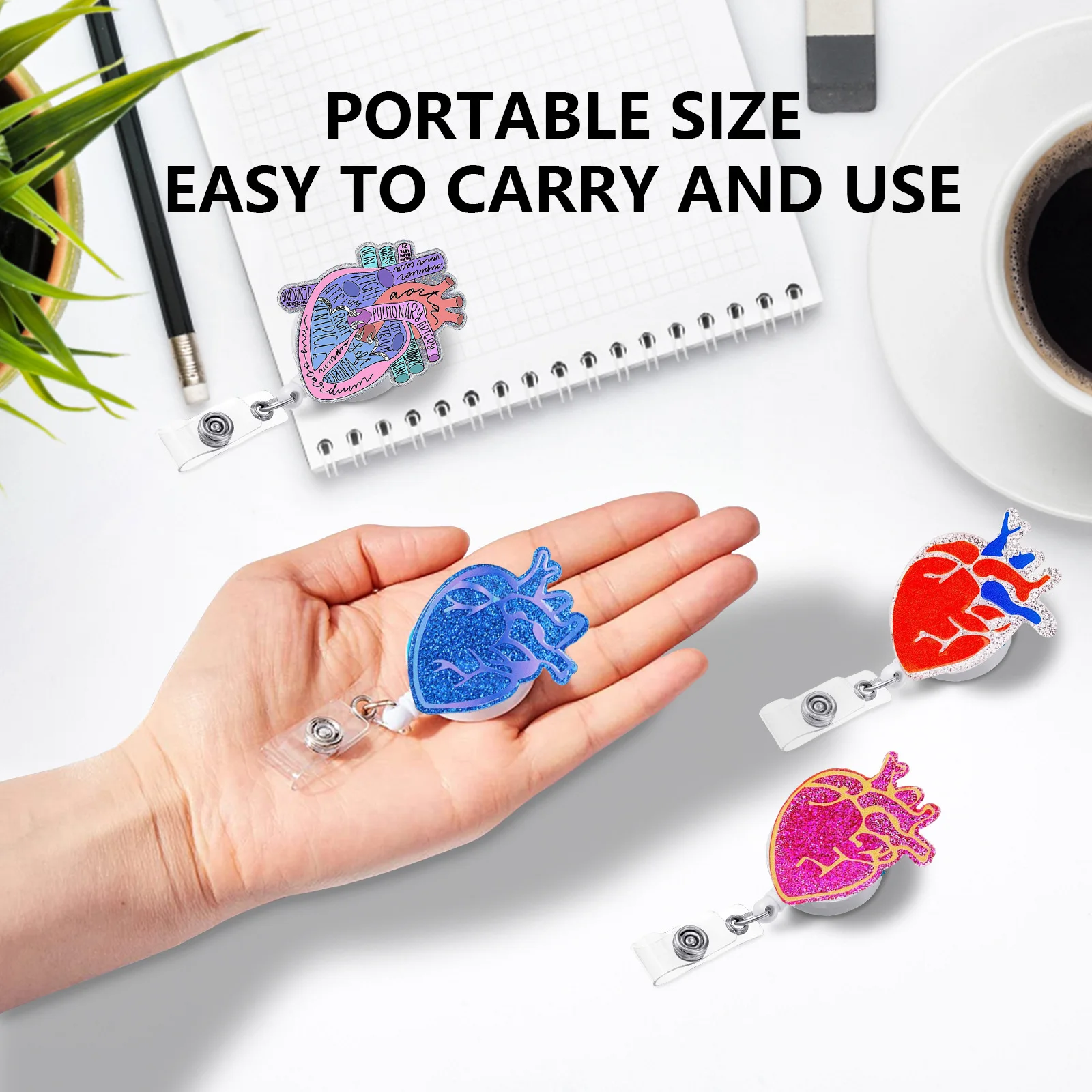 Акриловая блестящая легко тянущаяся пряжка в форме сердца для врачей и медсестер, студентов, выставочные зажимы для Id-карт, держатель для бейджа, телескопический бейдж, катушка