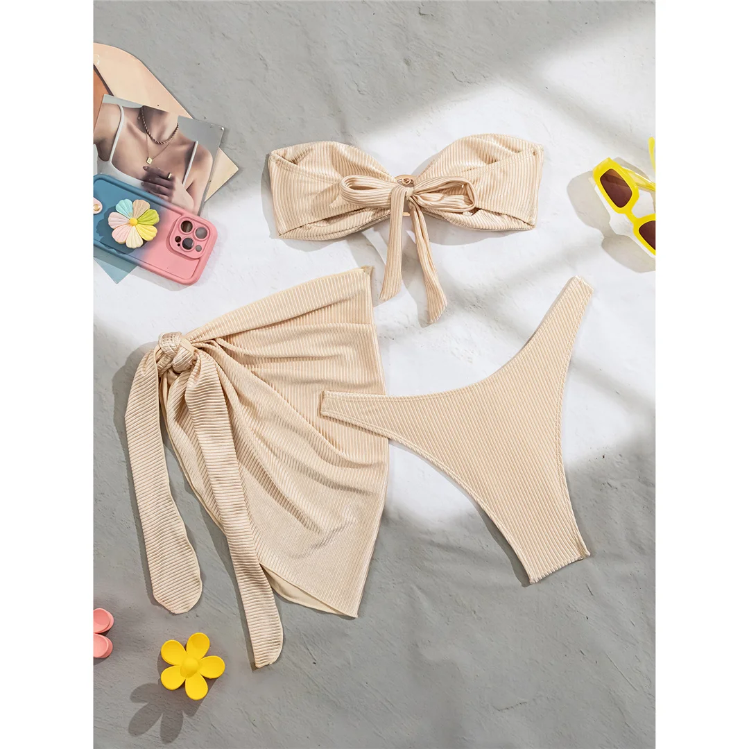Mit Sarong, geripptem Bandeau-Bikini, Damen-Badebekleidung, dreiteiliges Bikini-Set, gepolsterter Badeanzug, Badeanzug, Schwimmbekleidung V7625 – Detail 6