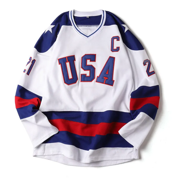 USA Hockey Jersey #21 Mike Eruzione 1980 Miracle On Ice Hockey Jersey White Blue