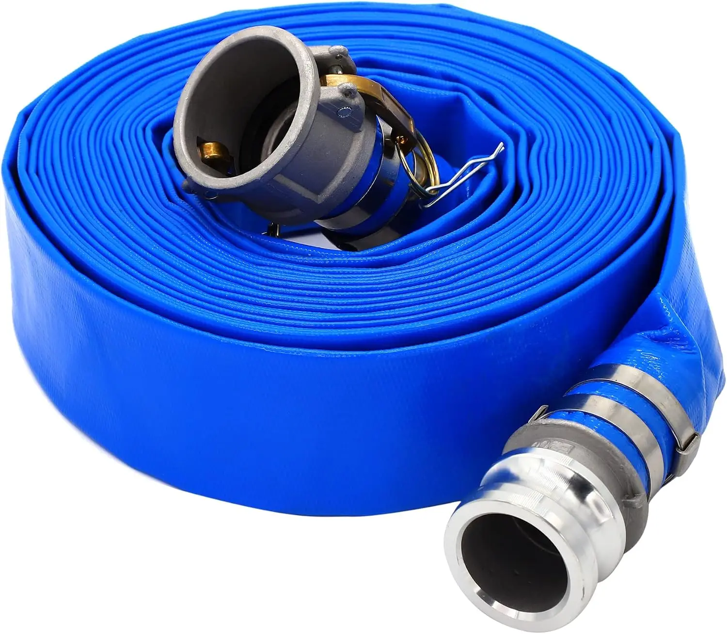 Manguera de Retrolavado para Piscina de Alta Resistencia, 1.5" de Diámetro Interior x 100 Pies, PVC Azul Plano con Conexiones Camlock