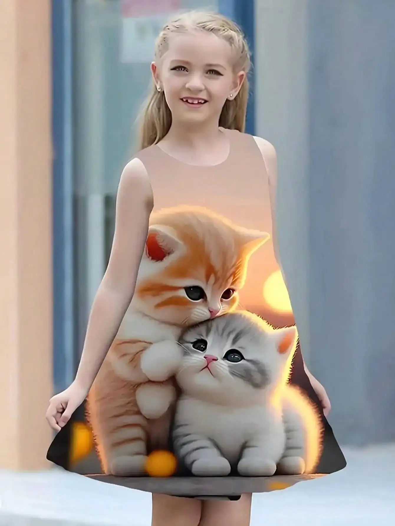 Women's fashionable sleeveless cute cartoon cat and sunset pattern printed dress, popular style