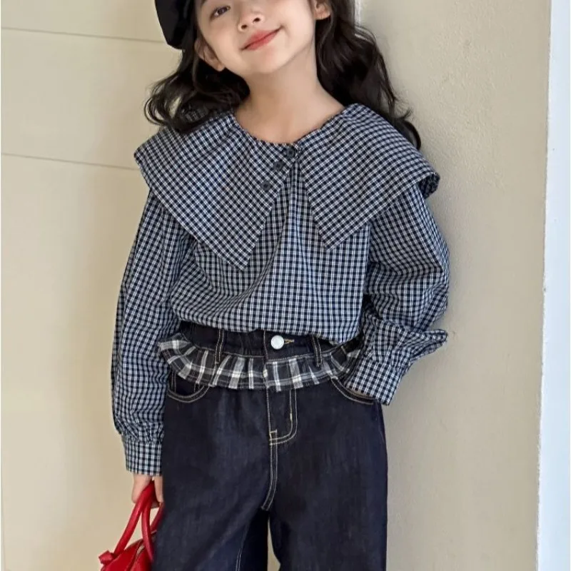 

Girls' Long Sleeve Plaid Shirt 2026 Autumn New Korean Style Children's Casual Blouse Kids Clothing Trendy Comfortable Tops