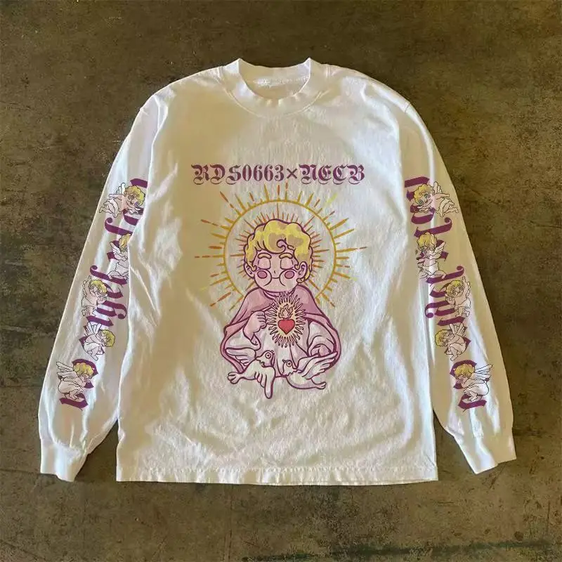 

Men's Women's Oversized Cotton round Neck T-shirt Streetwear Harajuku Hip-hop Y2K Long Sleeves Rock Top Letter Print