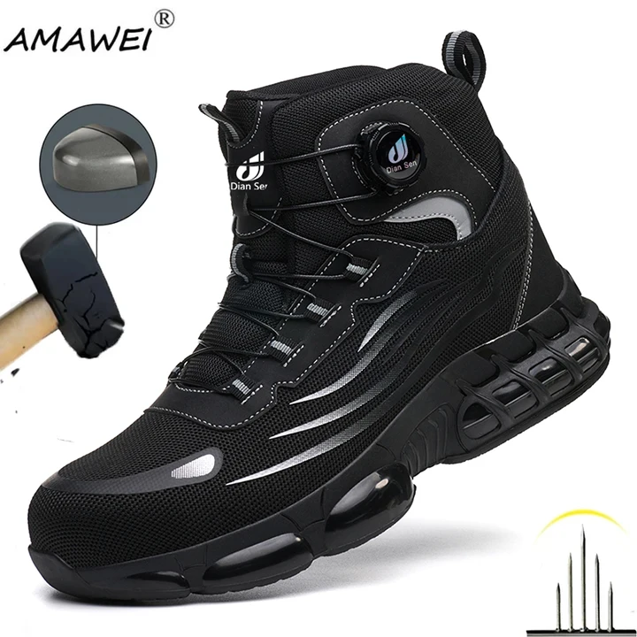 

New Styles Men Rotary Buckle Safety Boots With Steel Toe Cap Anti-smash Work Sneakers Safety Shoes Men Indestructible Work Boots