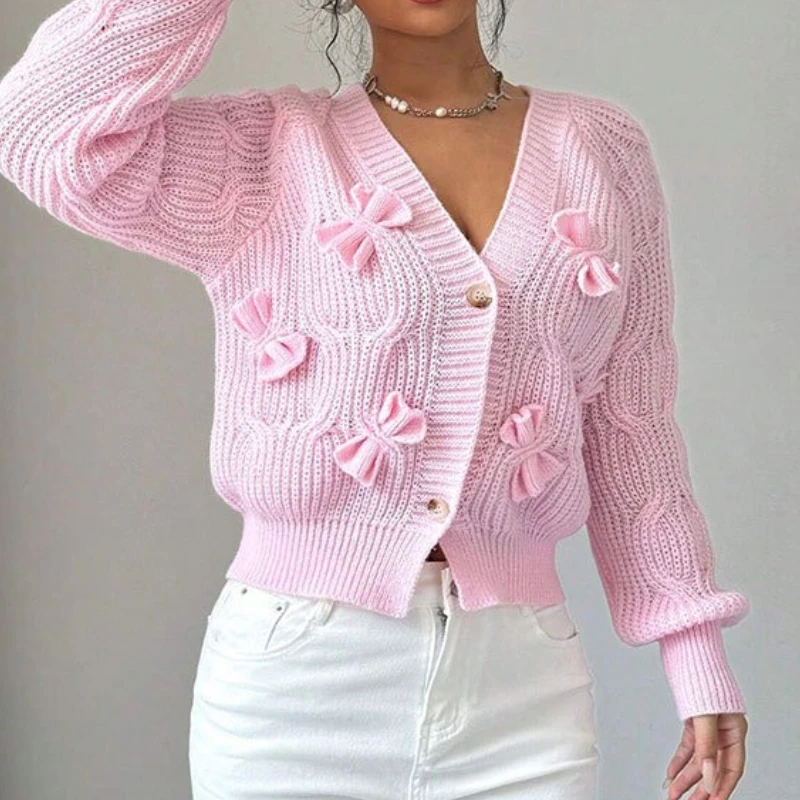 

Autumn and Winter New Sweaters, Women's Tops, Solid Colors, Long-sleeved Bows, Knitted Sweaters, Cardigan Coats