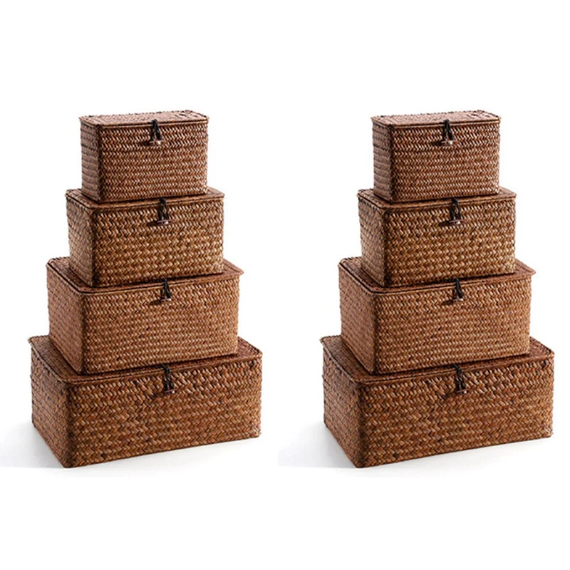 

Woven Straw Storage Bins With Lid - Set Of 8 - Rectangular Seagrass Basket/Storage Basket For Shelf Organizer