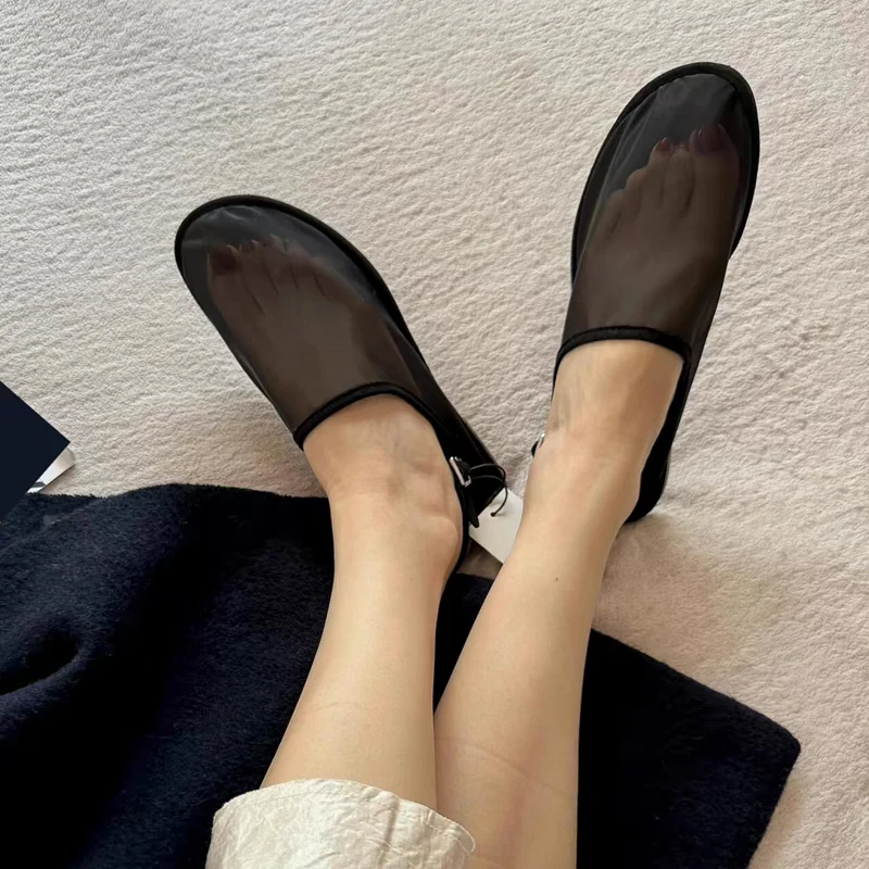 Transparent Gauze Mule Sandal Woman Casual Round Toe Net Slingback Shoes Ladies Brand Design Summer Breathable Mesh Flat Zapatos