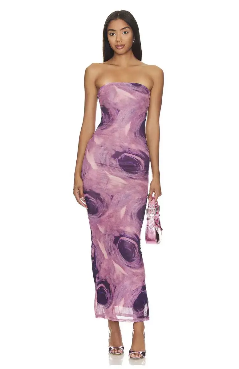 

Women's retro halo dyed rose print strapless sexy backless and hip curling slim fit dress