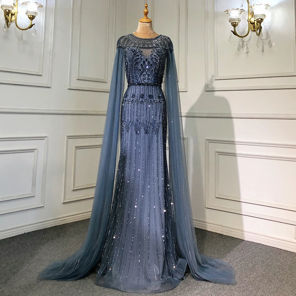 Serene Hill Blue Grey Luxury Arabic Cape Sleeves Evening Dresses Party Gowns Customized 2025 Beaded Mermaid Women GLA71620