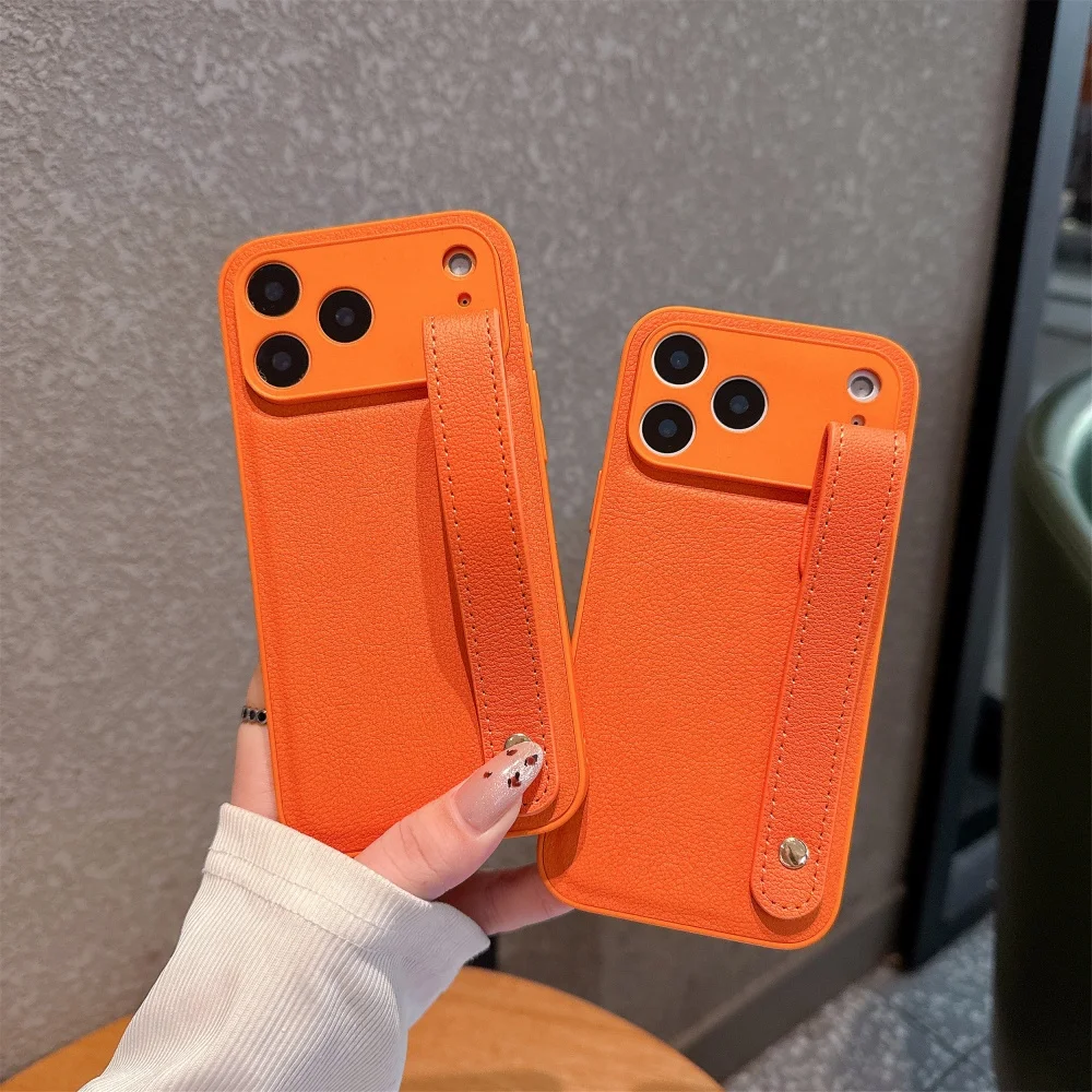 Leather Candy Stand Hand Band Phone Case for IPhone 17 Air 16 16E 15 14 13 12 11 Plus Pro Max 17ProMax Bracket Wrist Strap Cover