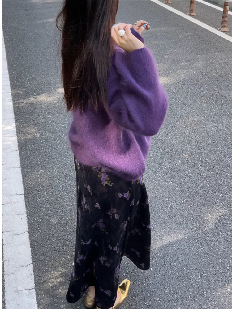 Women New Fall Winter Fashion 2 Piece Sets O Neck Knitted Purple Loose Sweater Pullover&Floral Print Midi Skirt Casual 2PC Suits