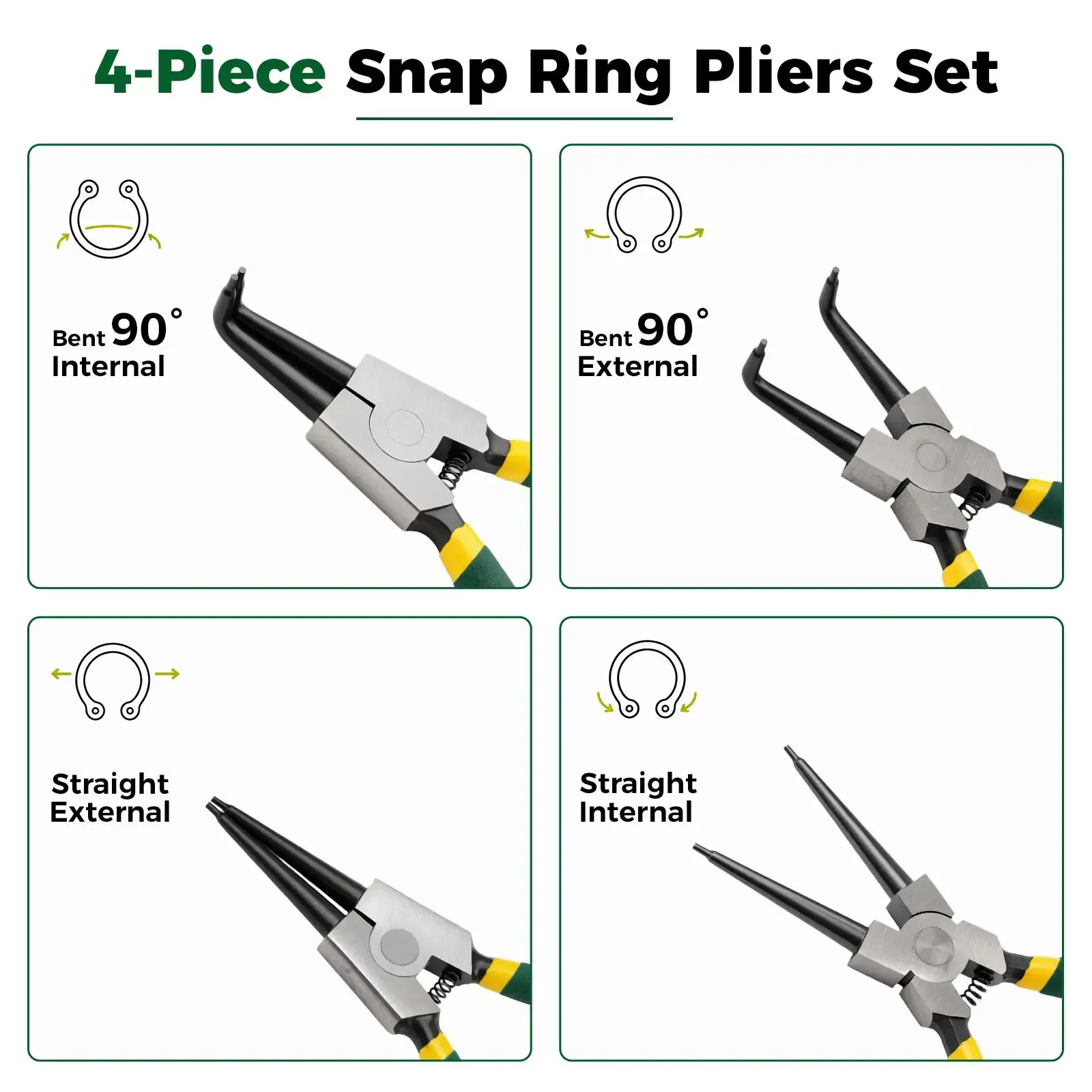 4Pcs 7 Inch Heavy Duty Snap Ring Pliers Set Internal External Circlip Retaining Ring Removal Tool Straight Bent Jaw Lock Ring Plier Kit for Auto Mechanic Repair Hand Tools with Storage Case