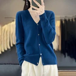 Fashion Merino Wool Cardigan Solid Color Spring And Autumn Women Knitted V Collar Long Sleeve Top 100% Pure Wool Sweater-WQ015