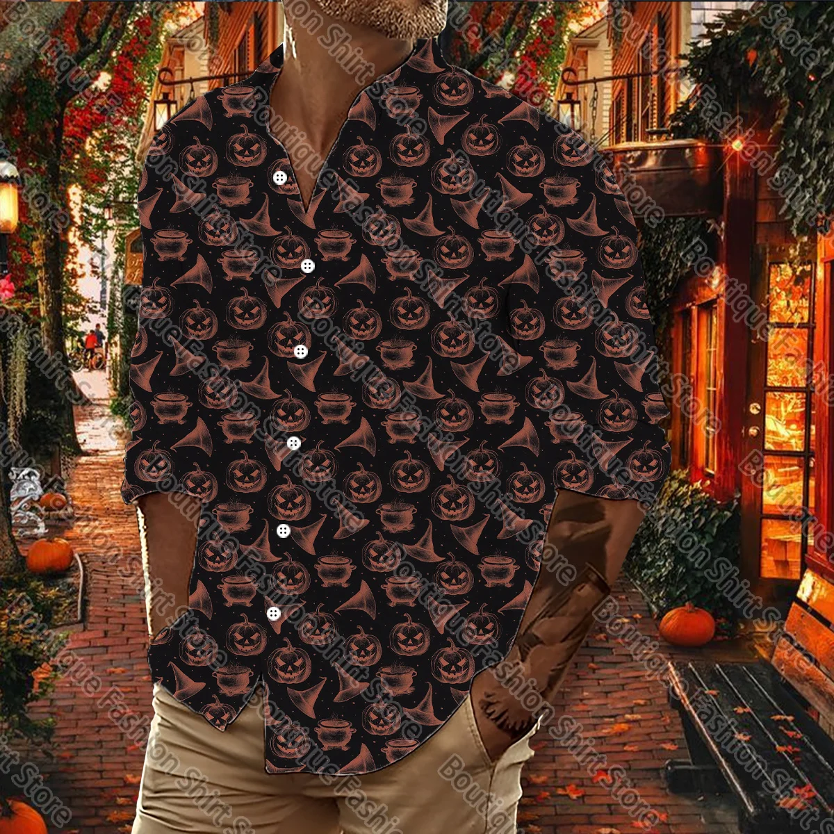 Hawaiian shirt Halloween shirt men's professional lapel shirt pumpkin high -definition printed shirt men's clothing