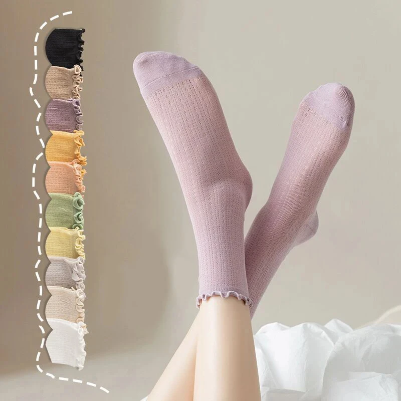 New Women Socks High Quality Summer Fashion Casual Long Socks Solid Color Korean Style Waveselvedge Mesh Breathable Simple Thin