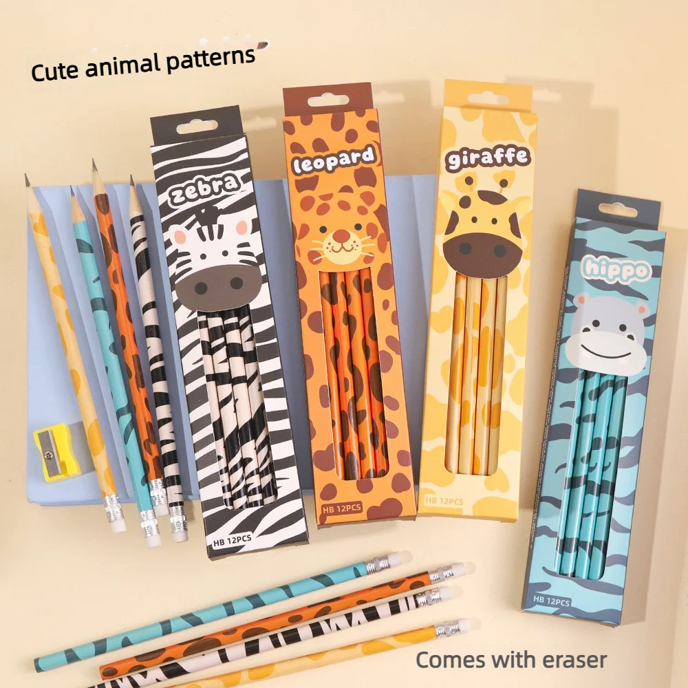 12er-Pack Cartoon-Tierbleistifte (Papierbox) Schülerbleistifte mit integrierten Radiergummis 2B Bleistifte Bleistiftsets in verschiedenen Designs – Detail 3