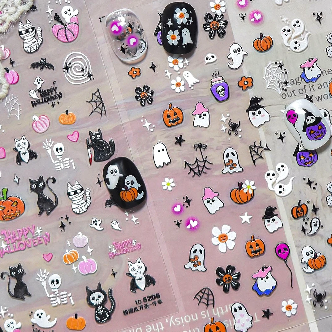 

Black Cat Horrible Ghost Skeleton Pumpkin Star Flower Castle Broom Terror Halloween Moon Bat Spider Web Nail Art Stickers Decals