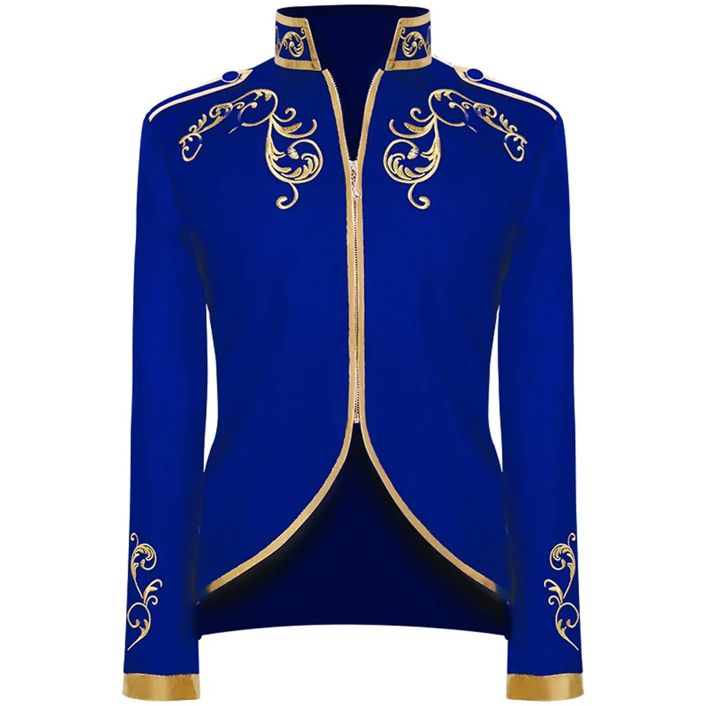 Medieval Cosplay Golden Embroidery King Prince Renaissance Halloween Costumes Jacket Outwear Top Suit Black Blue Men Blazer