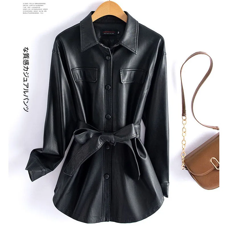 새로운 여성 셔츠 스타일 가죽 자켓 봄 가을 패션 캐주얼 턴 다운 칼라 레이스 업 슬림 가죽 코트 스플릿 가죽