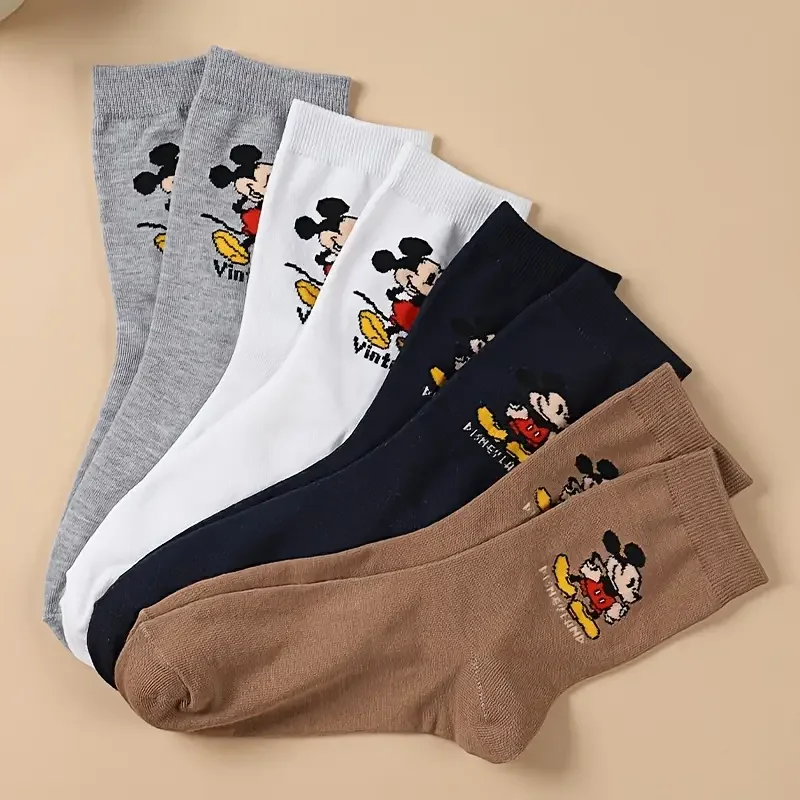 4 Pairs Four Seasons Unisex Color Blocked Striped Fashion Cartoon Pattern Versatile Soft Casual Breathable Mid Tube Socks