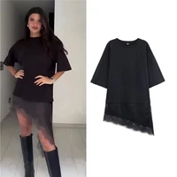 Camisetas lisas irregulares de encaje de retales para mujer, Tops blancos holgados informales de manga corta con cuello redondo, novedad de verano 2026, Tops para mujer, ropa de calle