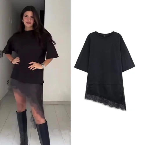 Camisetas lisas irregulares de encaje de retales para mujer, Tops blancos holgados informales de manga corta con cuello redondo, novedad de verano 2026, Tops para mujer, ropa de calle