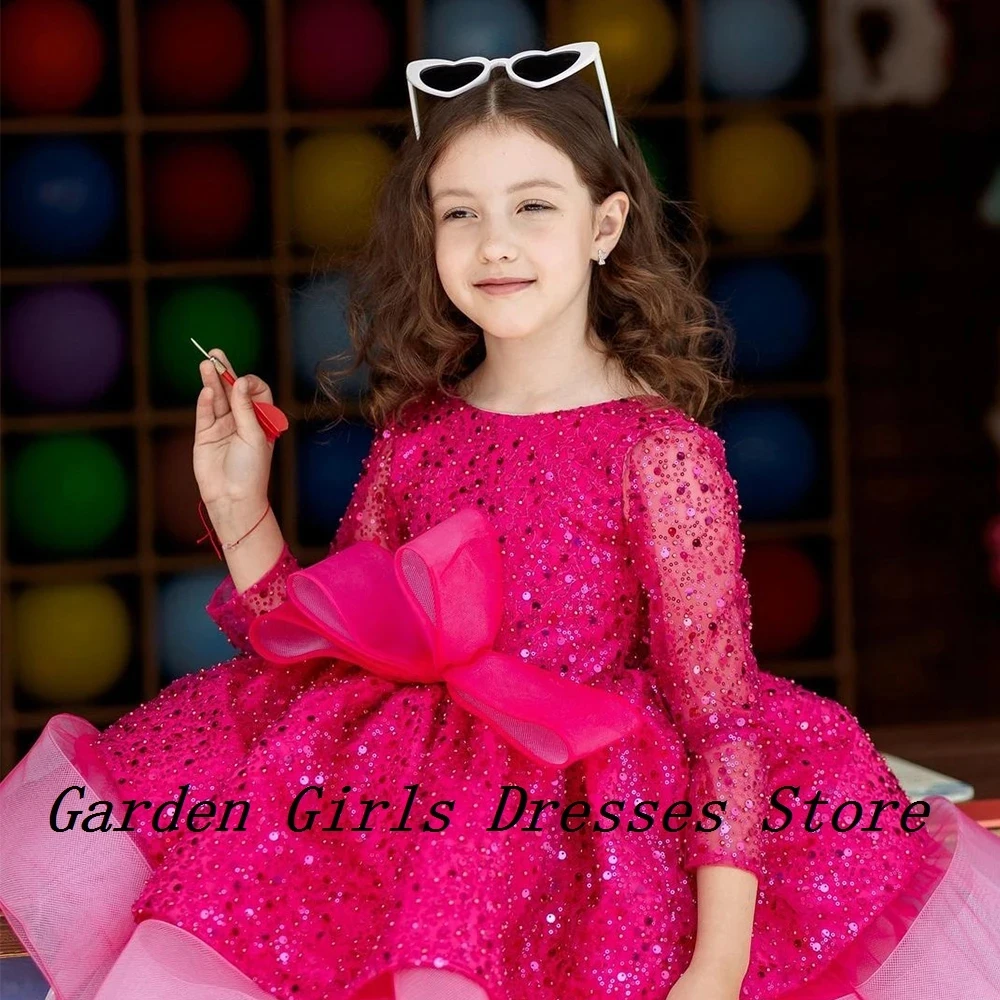 

Pink Scoop Flower Girls Dresses with Sequined 3/4 Sleeve Christmas Dresses for Princess Tutu 2025 Summer فستان عيد الميلاد