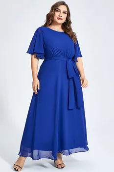 Flycurvy Plus Size Formal Royal Blue Chiffon Ruffle Manga Lace-Up Túnica Maxi Vestido