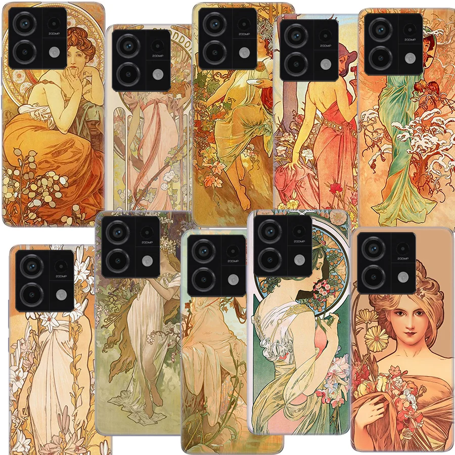 Alfons Mucha Primavera Clear Phone Case For Redmi Note 13 12 Pro+ Plus 5G 12S 12 12C 10 10A 10C 9 9A 9C 9T 8 8A K70 K60 K20 Coqu